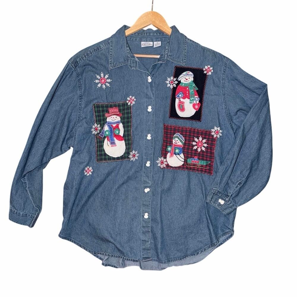 Vintage Carolina blues 100% cotton denim button front shirt snowman holiday 22